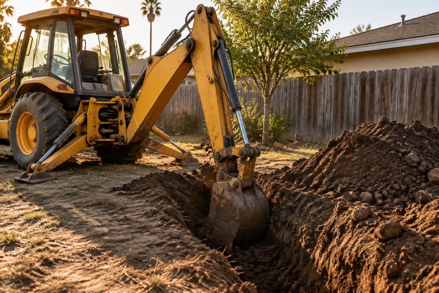 Backhoe digging a trench in a residential backyard