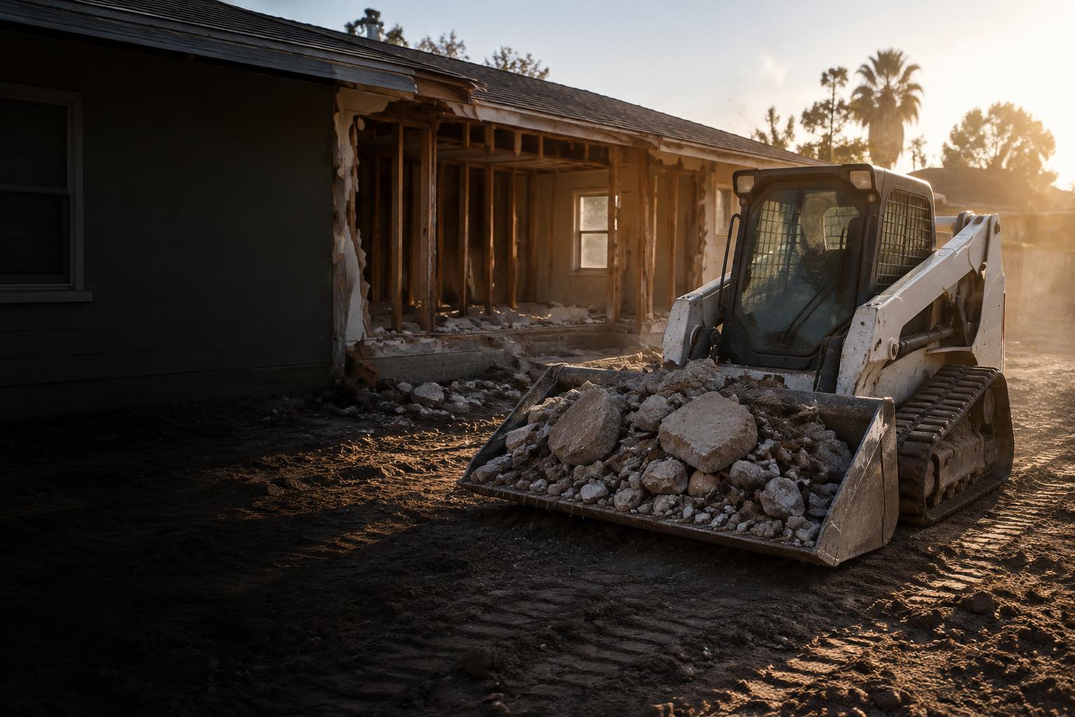 Track loader with a bucket of demolition debris in front of a gutted San Jose house